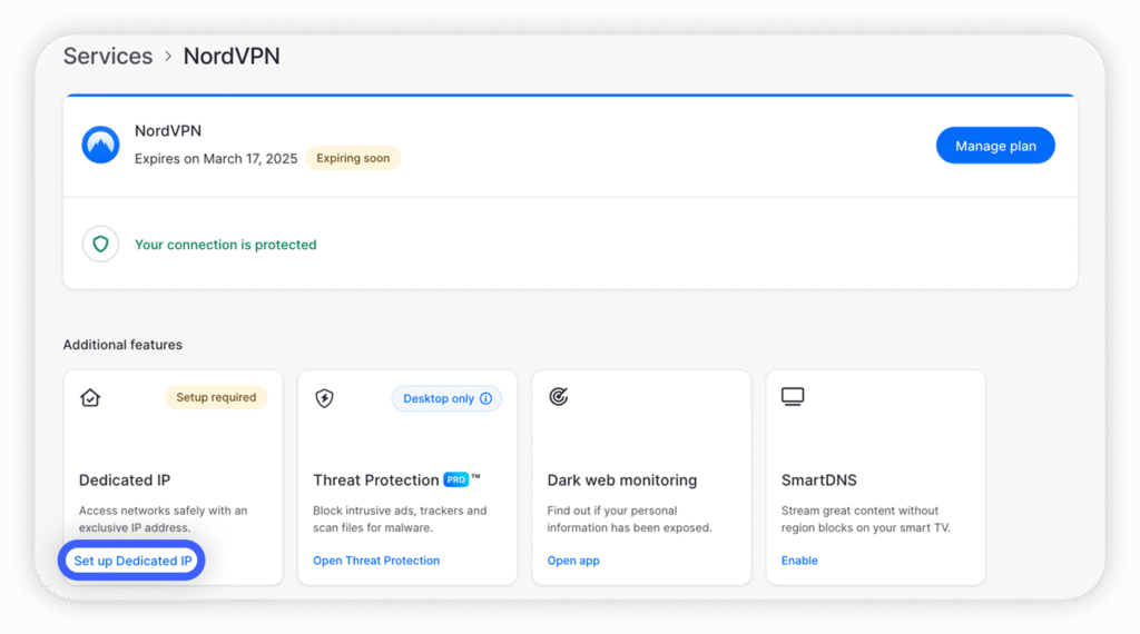 NordVPN Dedicated IP interface